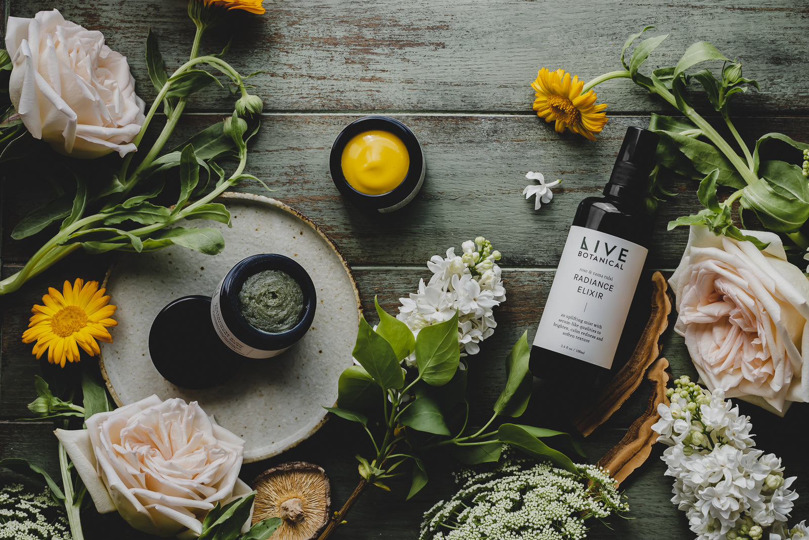 Botanical skincare on the studio shelf